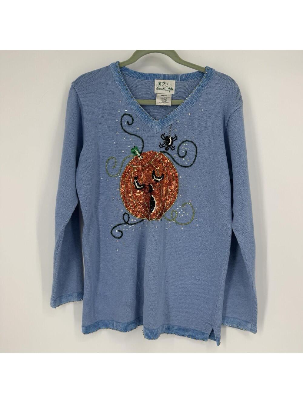 Quacker Factory sweater womens medium M pumpkin halloween spooky sequin spider
